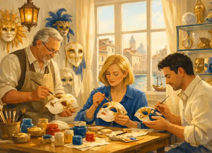 Illustrazione IA: Persone che decorano maschere veneziane in un laboratorio artigianale.